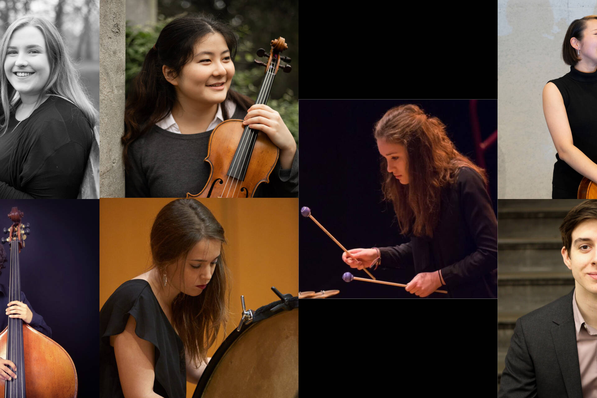 Head-shots of various young musicians with either string instruments or percussion