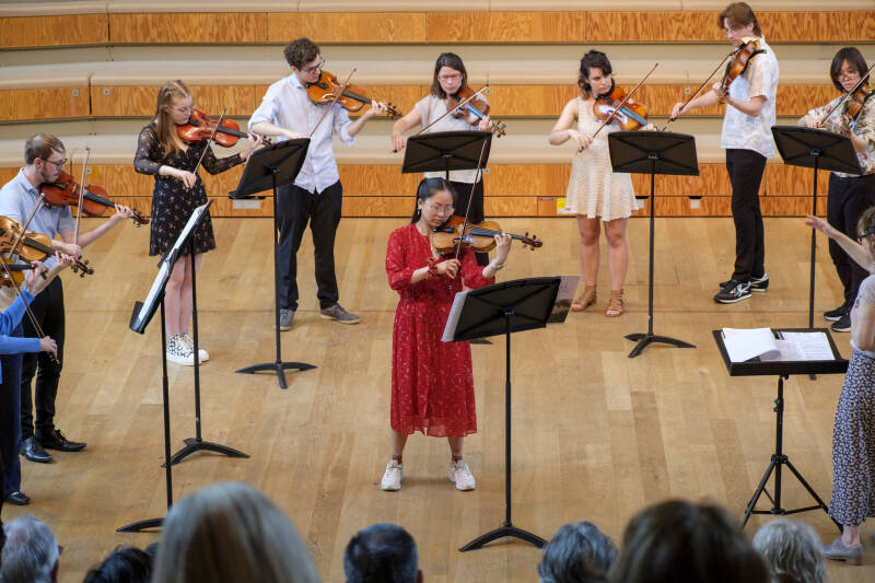 Group of string players performing in a concert-hall