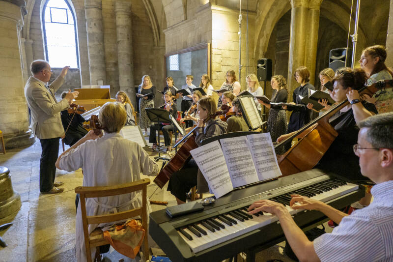 Group of musicians rehearsing in the Norman crypt of the Cathedral