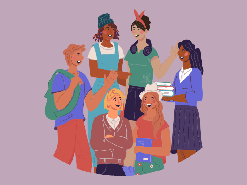 Illustration of a group of young people in looking cheerful, holding books.