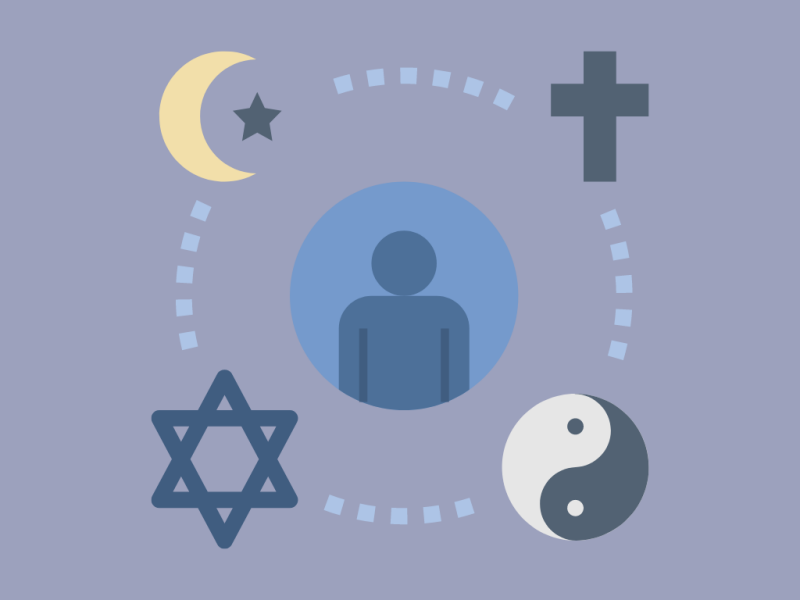 Illustration of a figure surrounded by symbols of four major faiths.