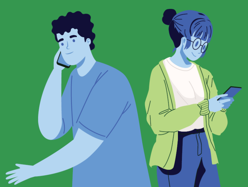Illustration of two people, one speaking on phone, the other texting.