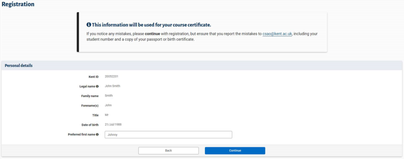 Returning Registration Personal Details