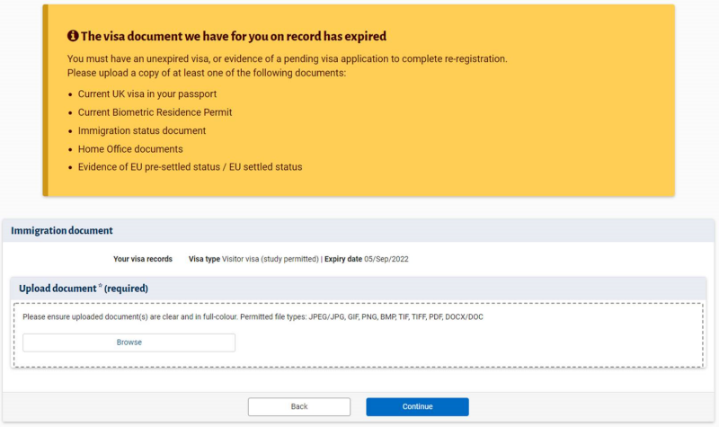 Returning Registration immigration permission screenshot 2