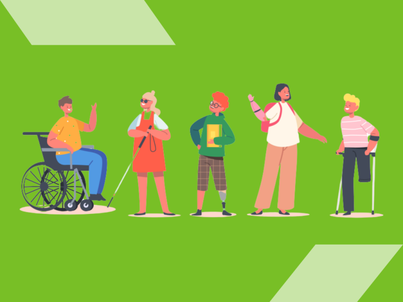 Image of diverse range of people smiling and chatting. Depicts a wheelchair user, a white-stick user and a crutches user
