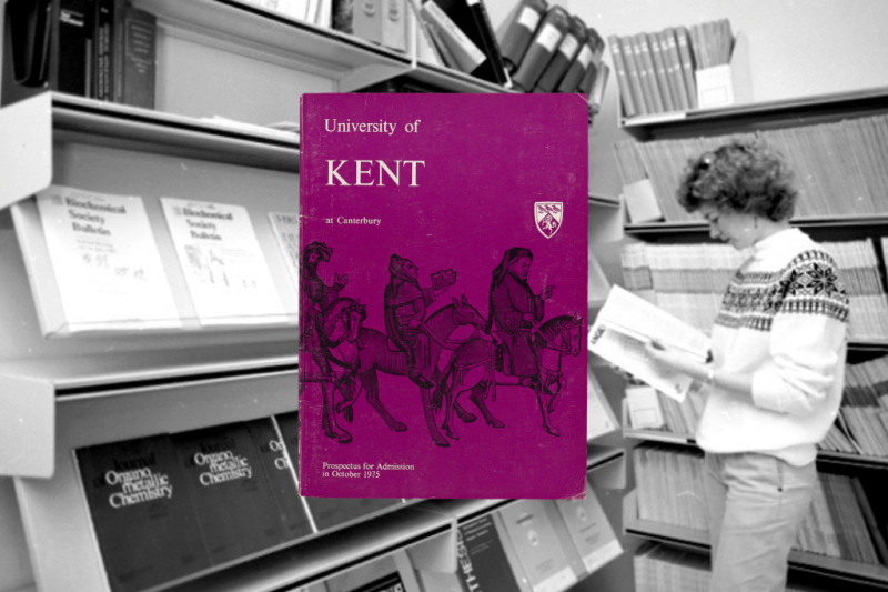 University of Kent 1975 prospectus cover in pink, set over an archive image of library shelves.