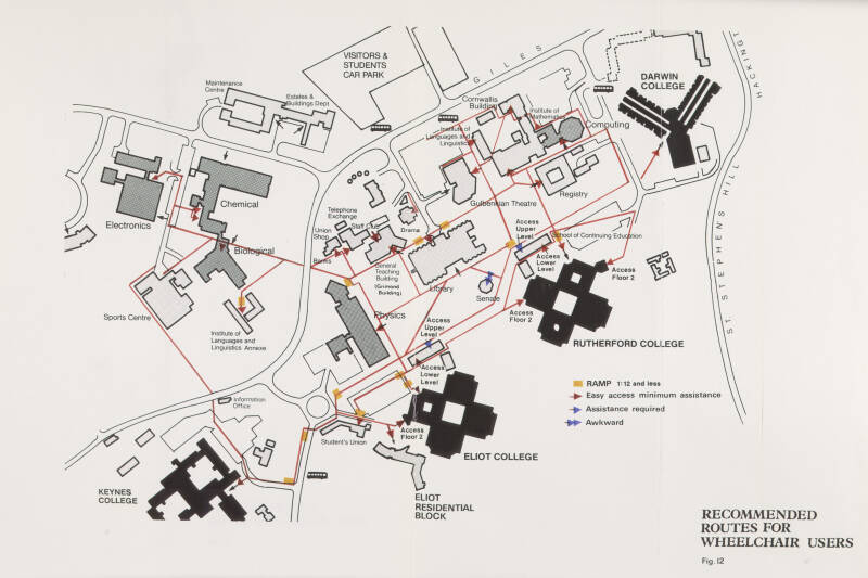 Archive map showing recommended routes for wheelchair users across a university campus.