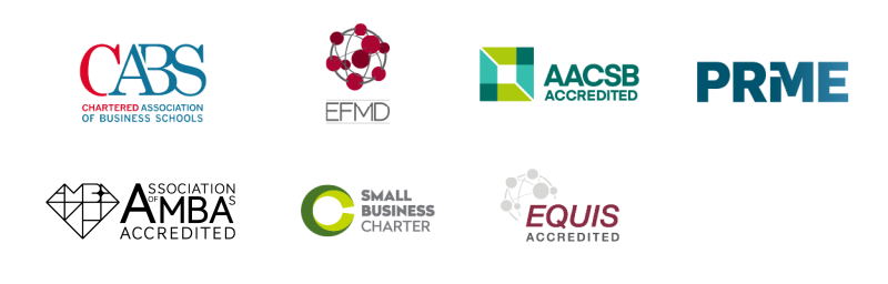 Accreditation logos: Chartered Association of Business Schools, AACSB, EFMD, PRIME, AMBA Accredited, Small Business Charter