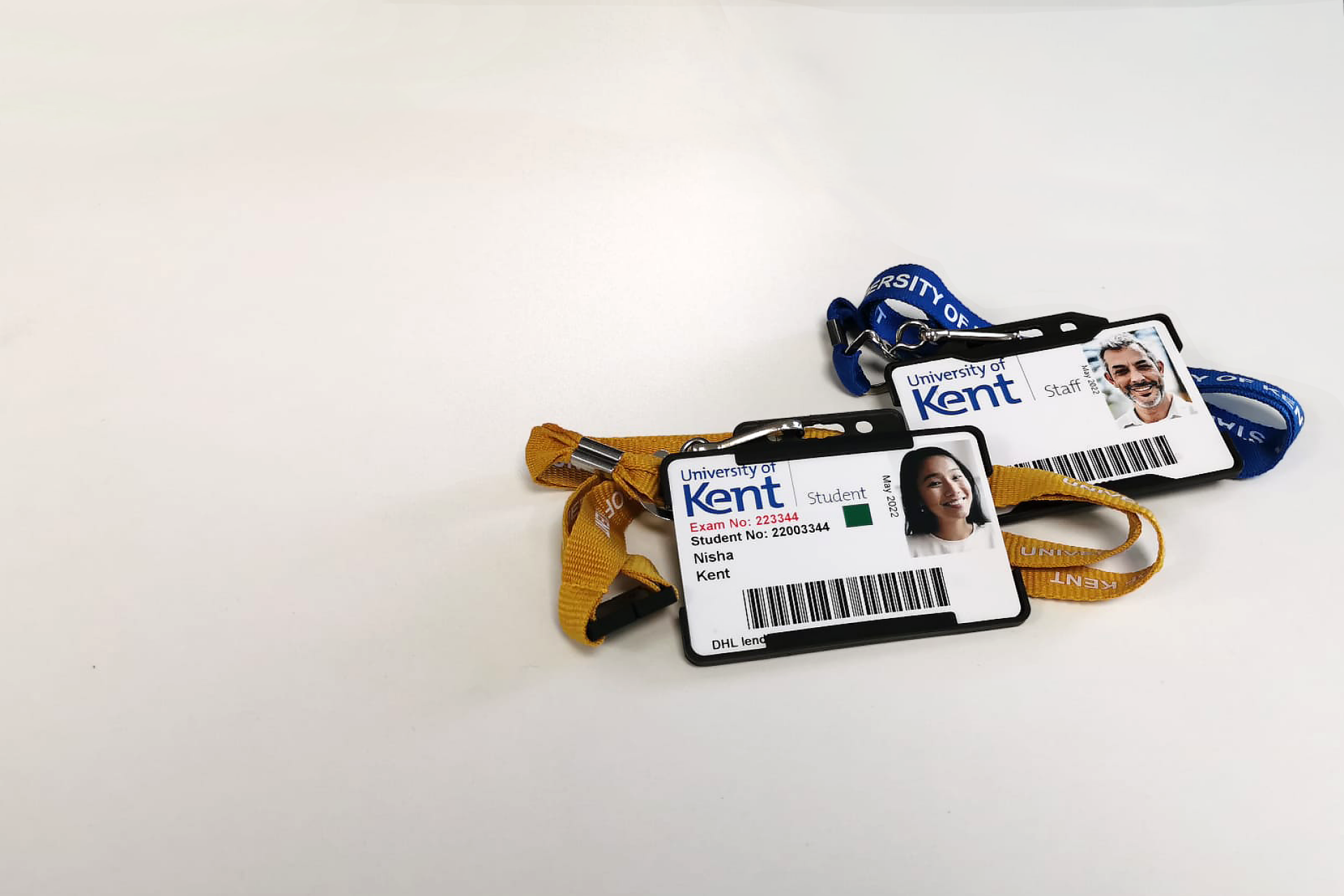 Example staff and student KentOne card in University of Kent lanyard card holder