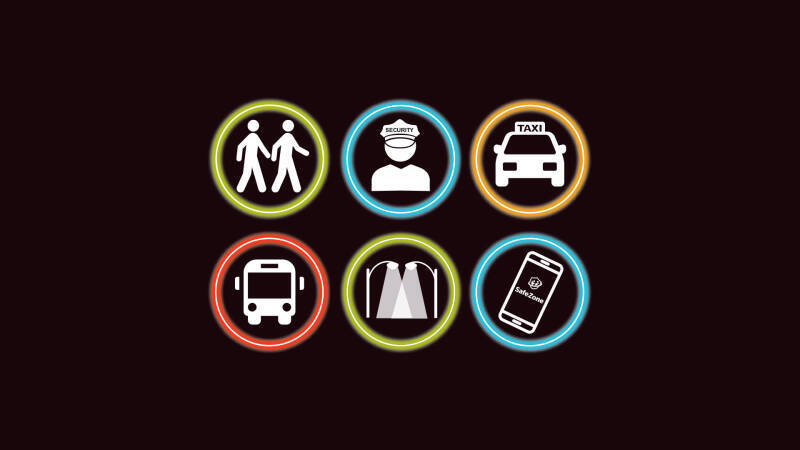 Six icons depicting methods of staying safe at night, including a taxi and streetlights.
