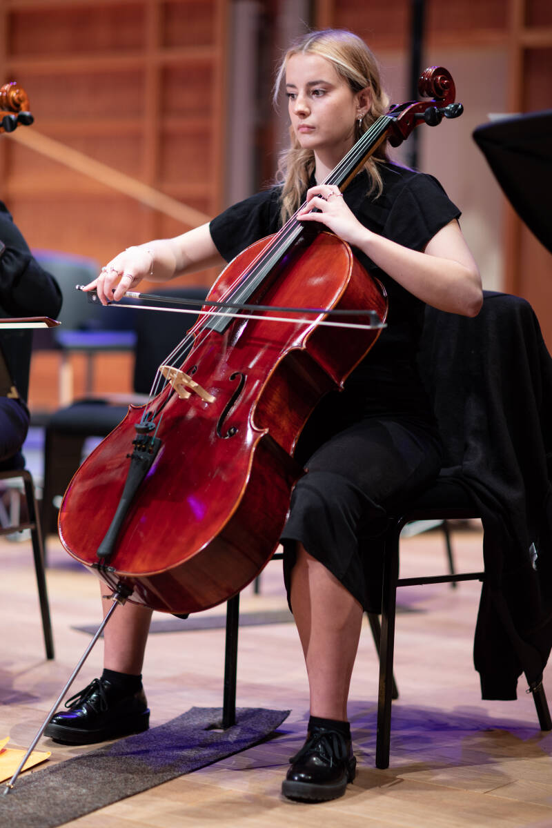 Third-year Music Award holder, Lois Cocker, playing the cello in Colyer-Fergusson Hall