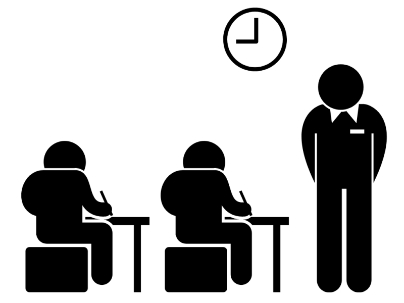 graphic of two people sitting at desks writing and one person standing next to them, with a clock above