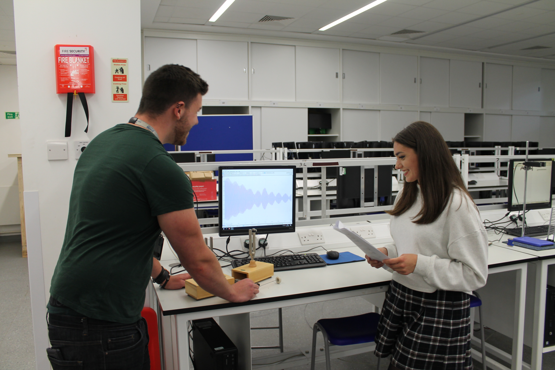 Students working the physics lab