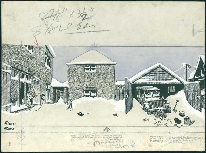 A snowy home. To the left a woman hangs out a window, phone in hand, on the right a man works under a car in a garage.