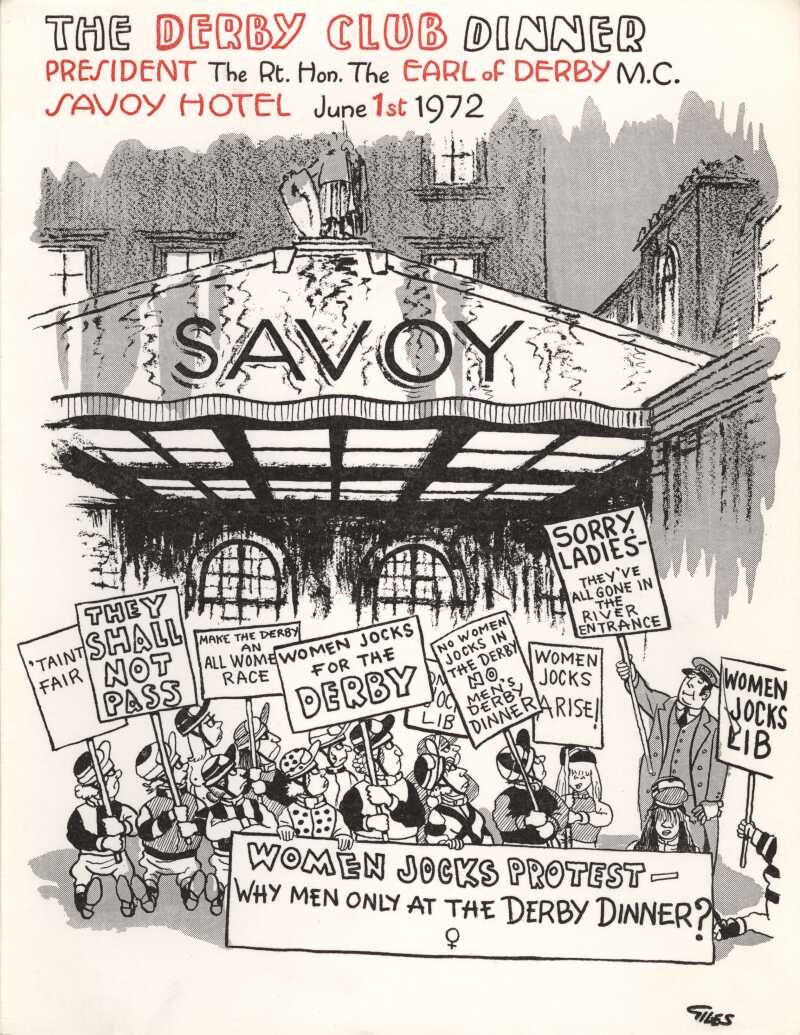 Outside the Savoy a group of women jockeys protest the Derby Club dinner.
