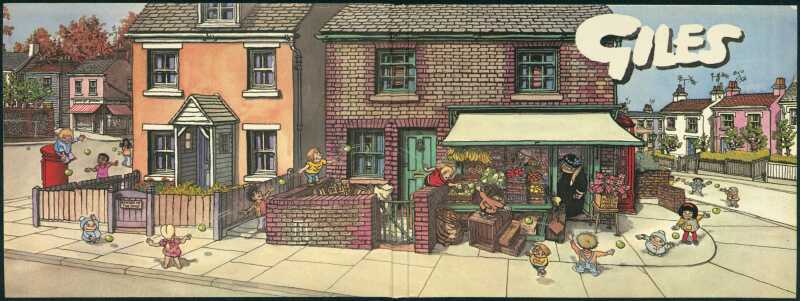 A residential scene - Grandma pokes out of a greengrocers doorway as kids run past on the street, tossing apples