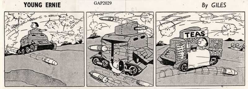 A cartoon strip of Young Ernie, sittting in a tank with bullets raining down on him before opening a tea shack in his tank