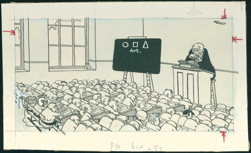 Chalkie stands at a lecturn in front of a room full of boys, next to a blackboard. The boys look very glum.