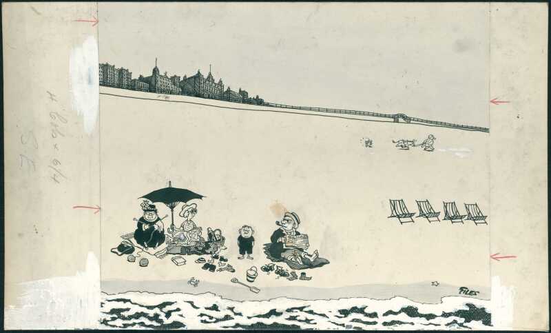 The Giles Family at the beach. The women and kids are in the foreground, Pa is in the distance with the dogs, walking away.