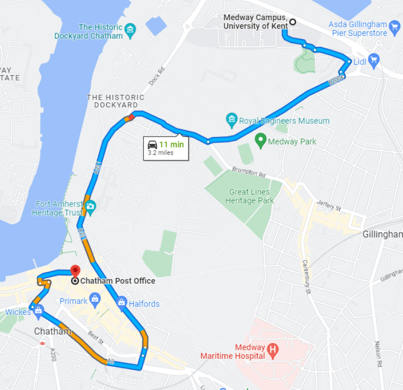 A map showing the distance from campus to the Chatham Post Office