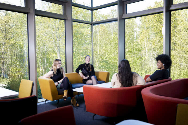 Group of students sitting indoors in front of large windows