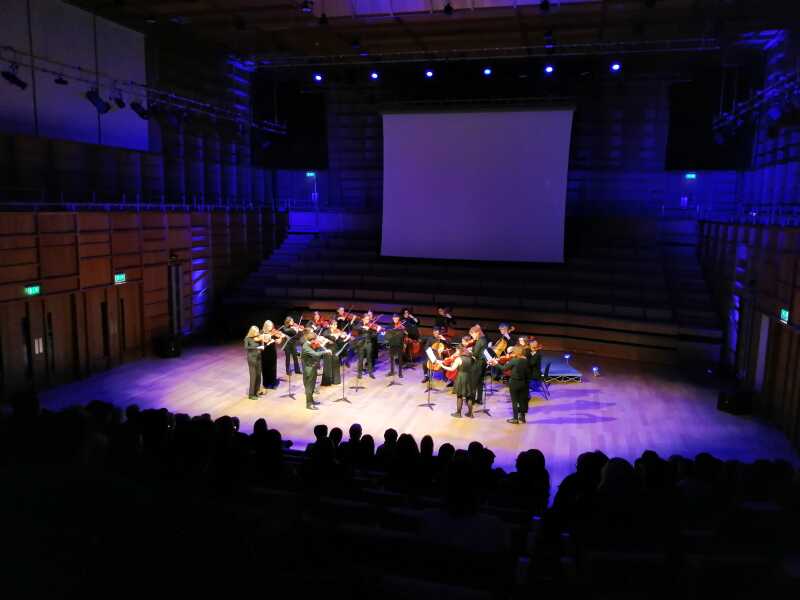 Group of string players performing in a concert hall