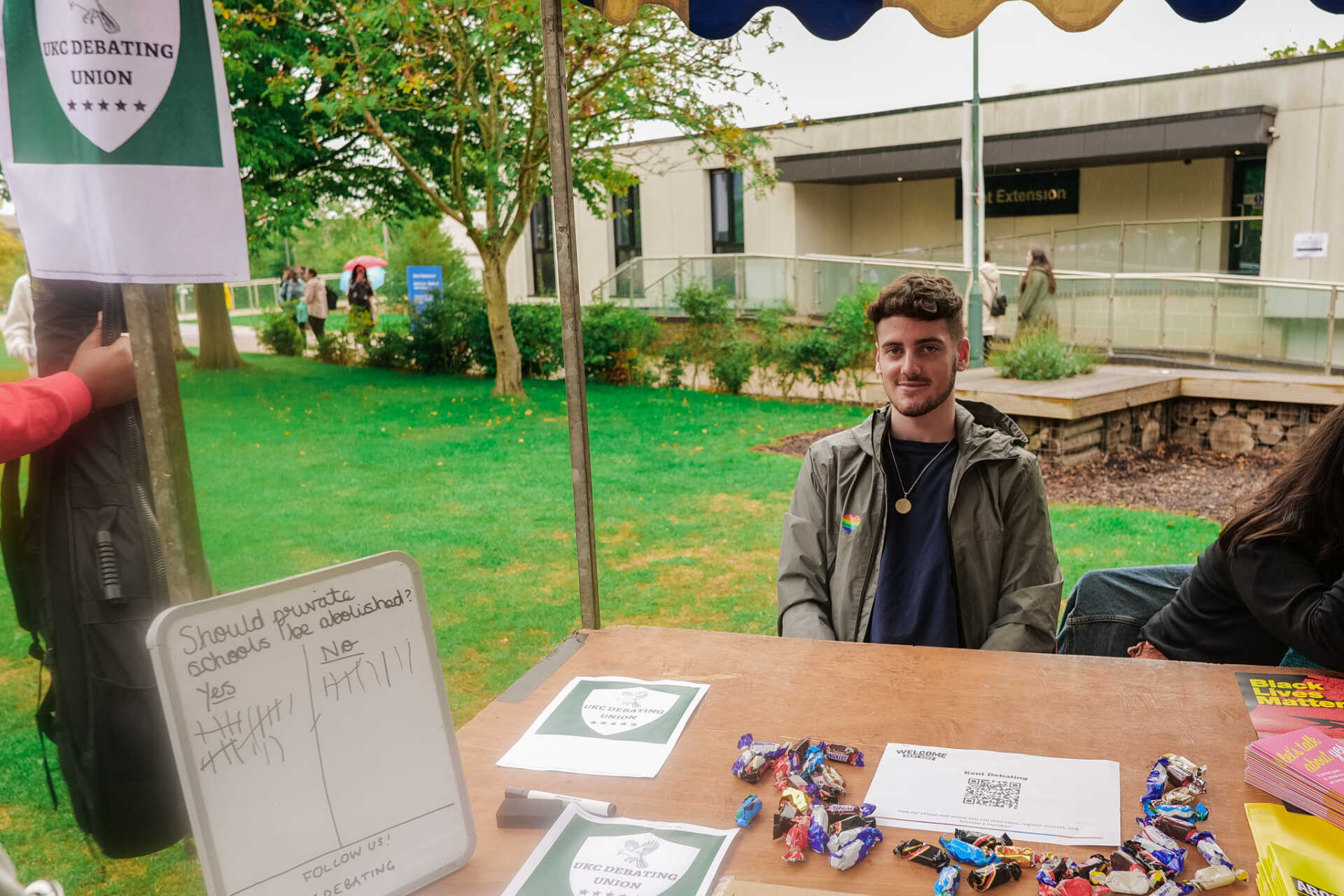 Student Charlie Cushway on the Debating Society Stand at Welcome week.