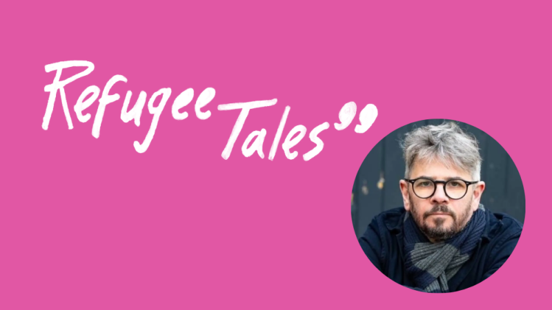 Video cover image: Refugee Tales logo and circular headshot image of David Herd - man with glasses, grey hair and short beard