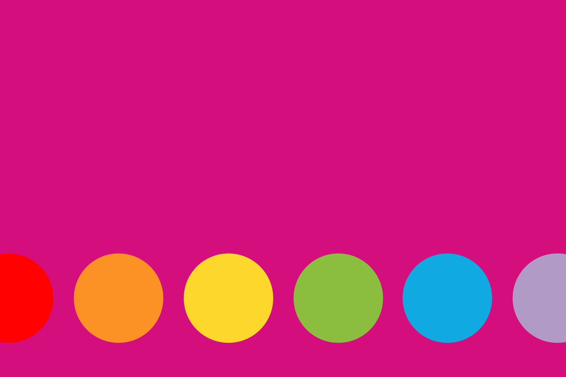 Bright pink background with large rainbow coloured dots in a line.