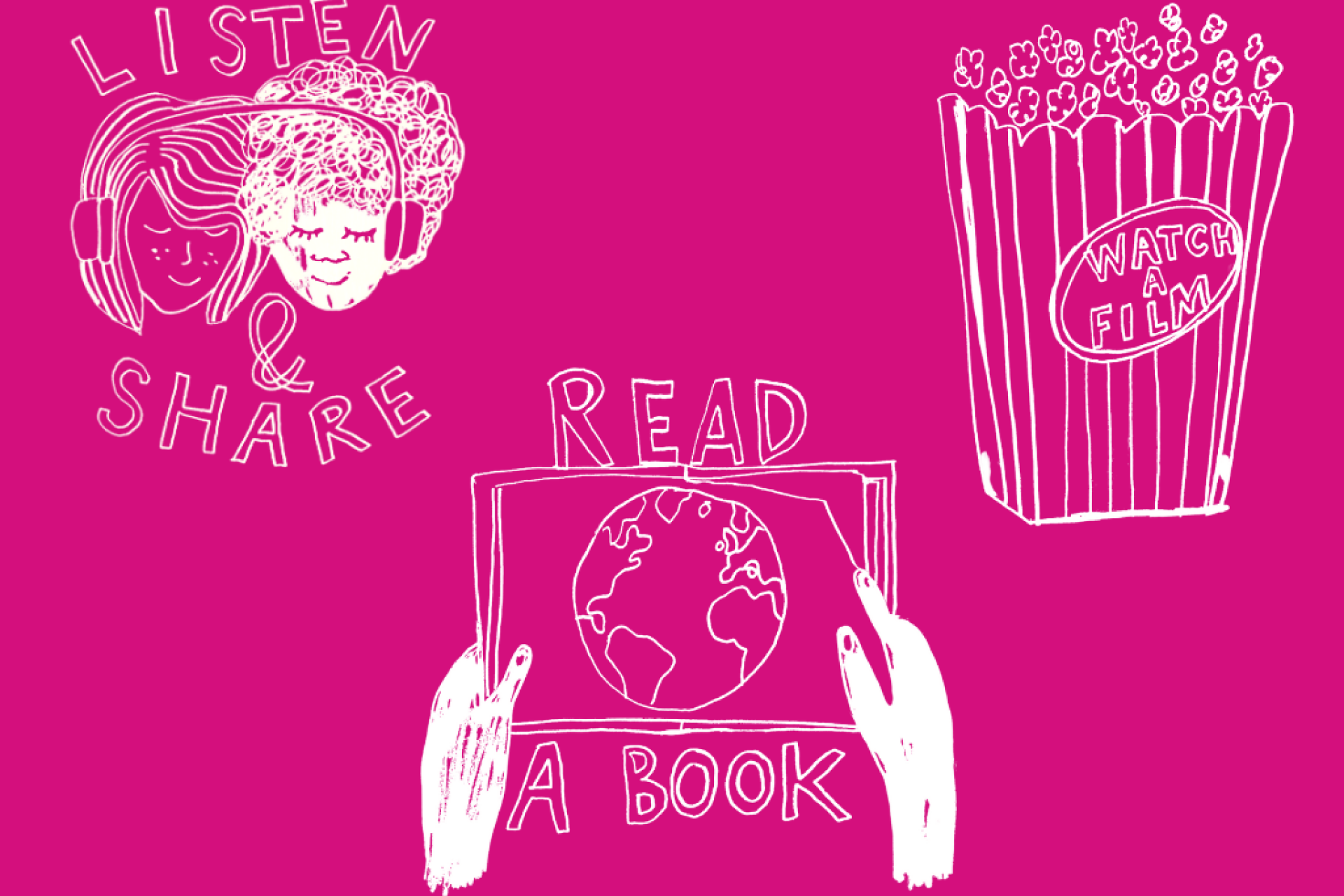 Pink background with three of the simple acts for refugee week illustrated: listen and share, read a book and watch a film