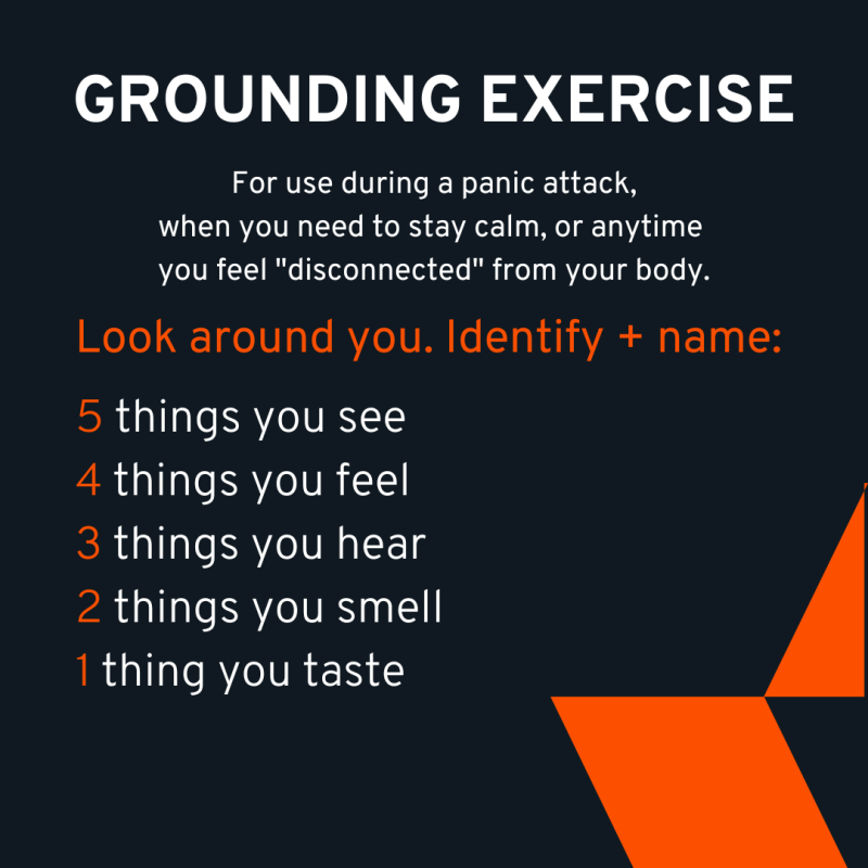 Grounding Exercise. For use during a panic attack. Look around you and count down from 5 to 1