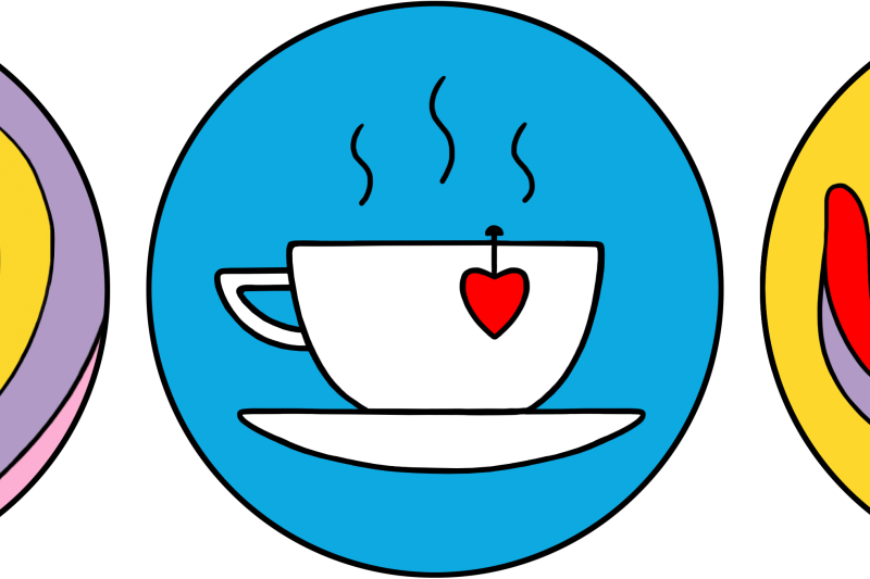 Illustration of blue circle with white tea cup and heart image