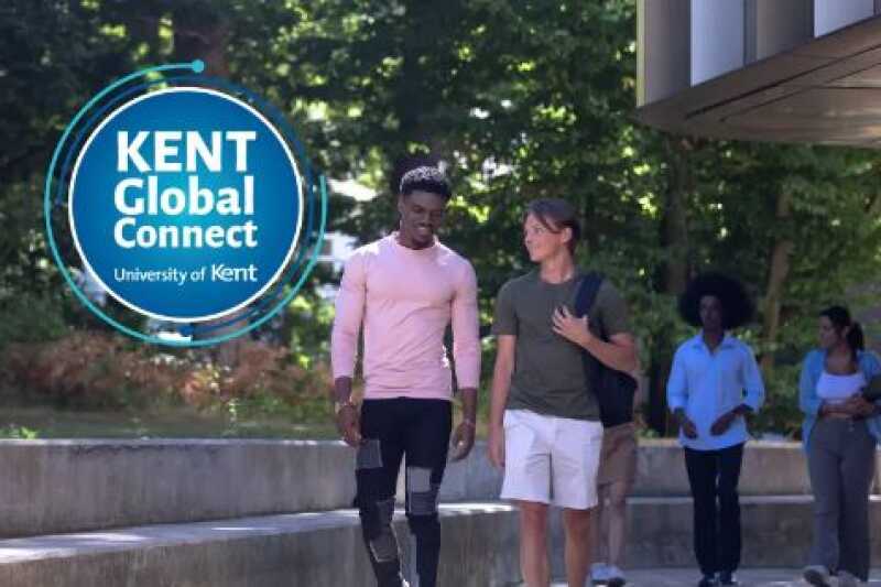 Students walking across campus with global connect logo at top.