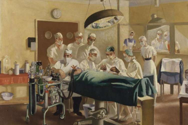 Painting of surgery being carried out in an operating theatre in the 1940s