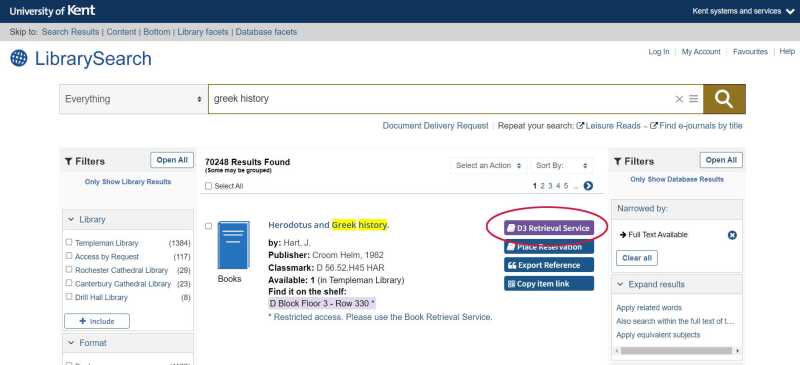 LibrarySearch screenshot showing location of purple D3 Retrieval Service button to the right of item listing