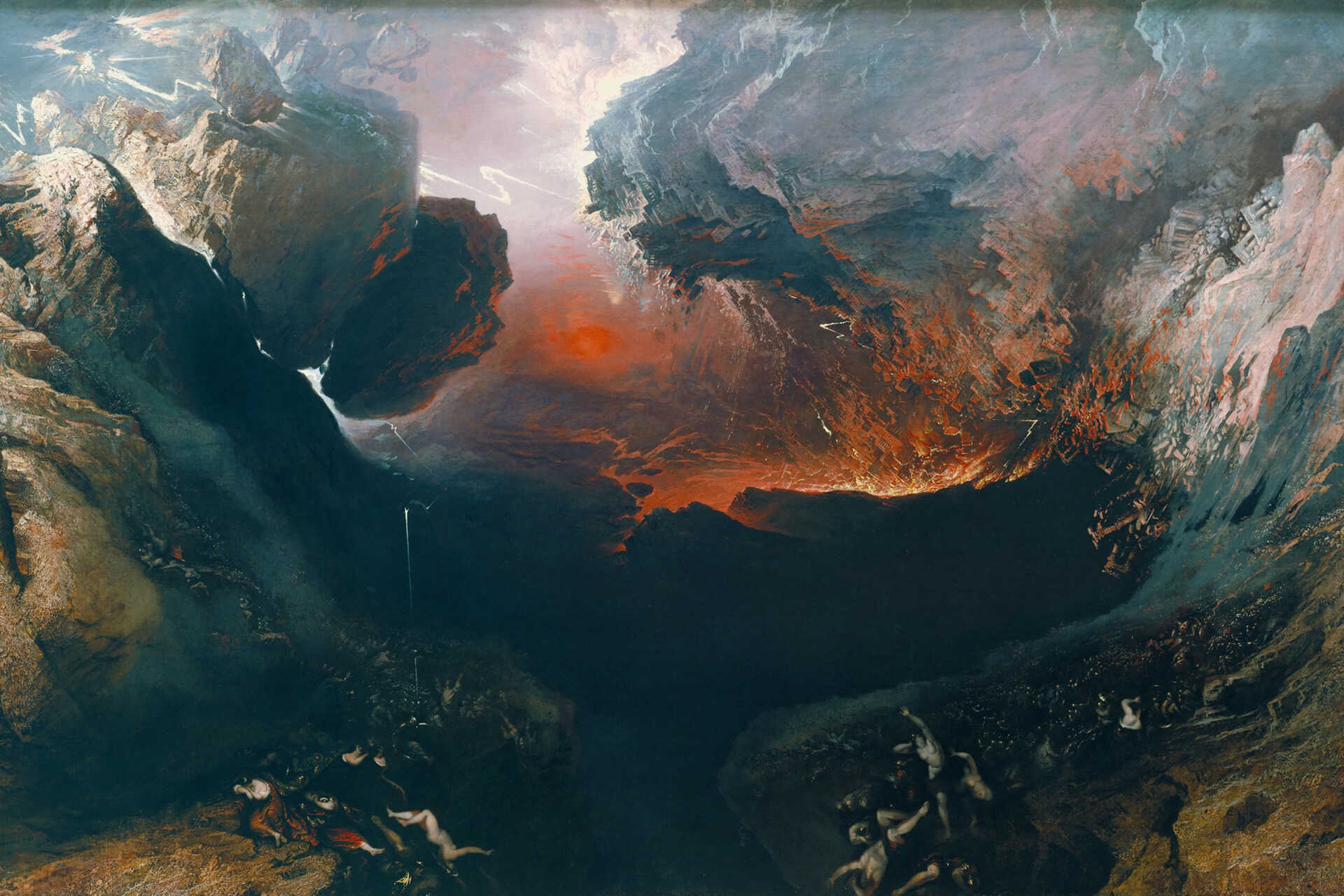Swirlingly romantic painting featuring louring clouds gathering over a darkened valley