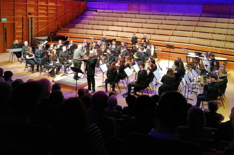 Group of woodwind and brass players performing
