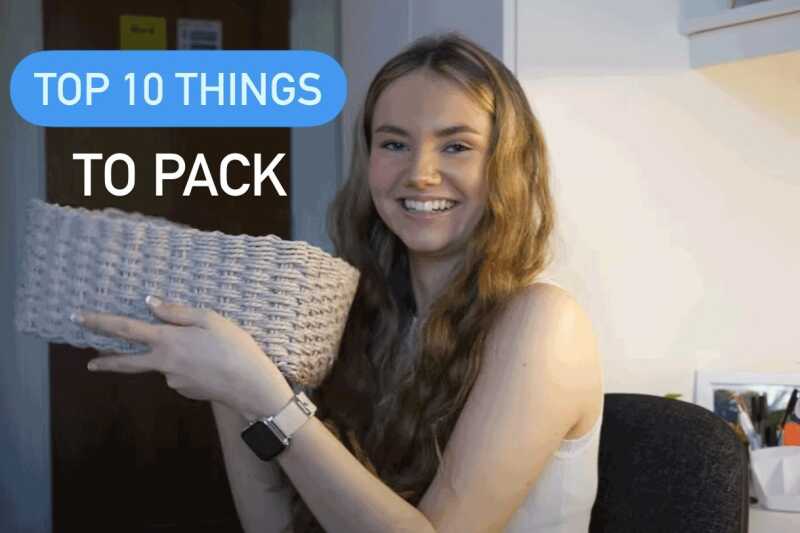 Top 10 things to pack. Student holding box.