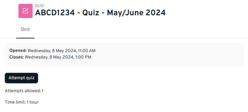 A screenshot to show the frontpage of a Moodle quiz, with the quiz information
