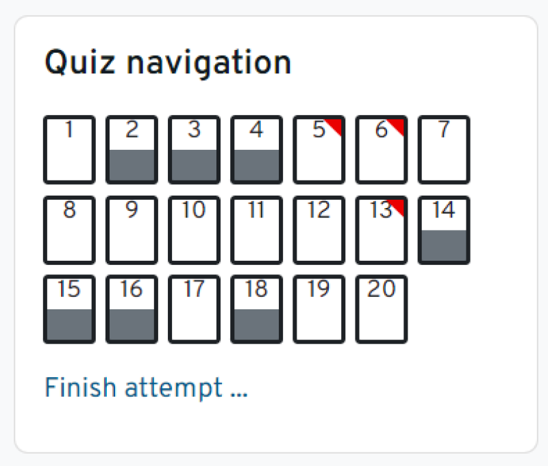 A screenshot of the Quiz Navigation block, showing which questions have been answered and flagged.