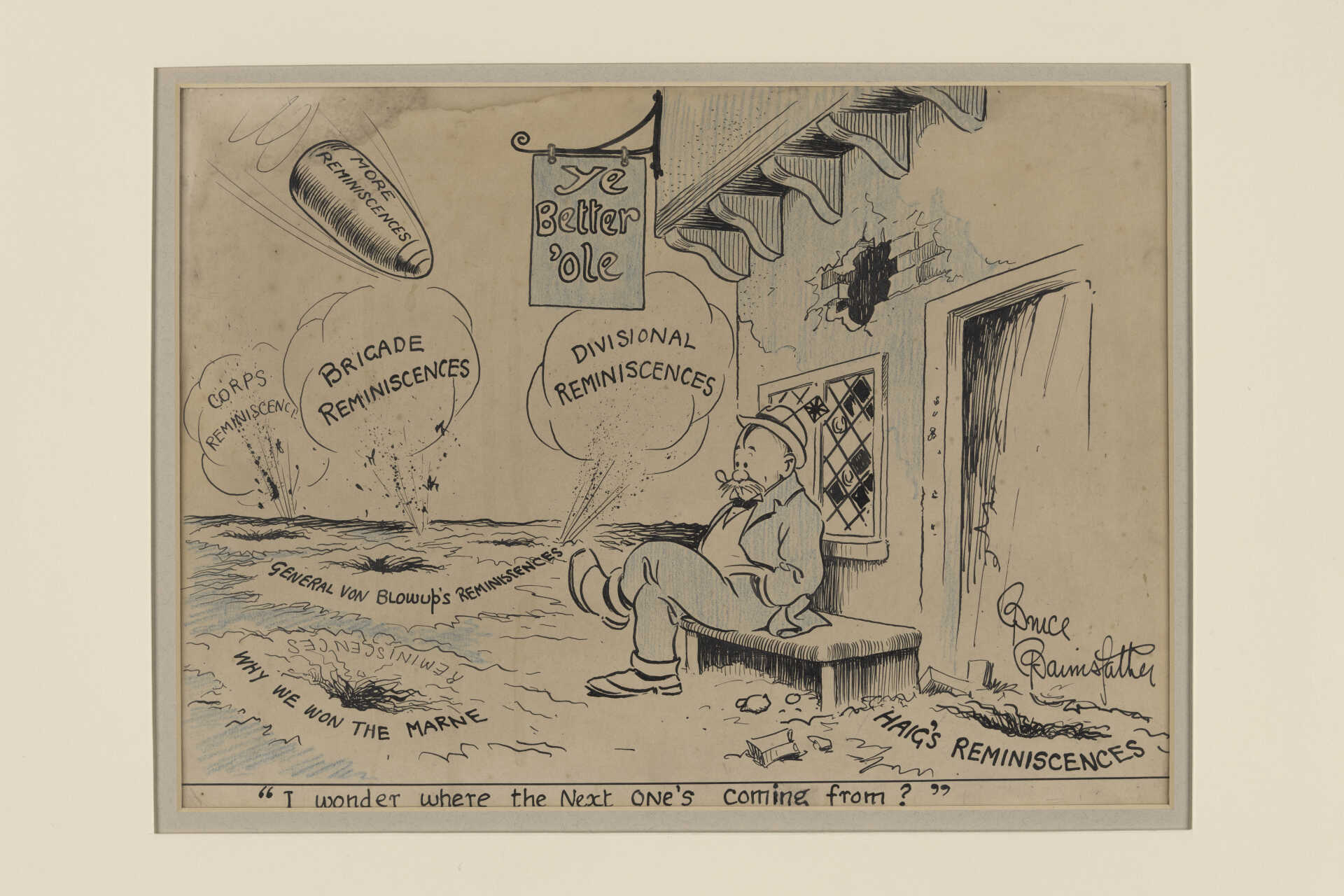 Photograph of an original artwork by Bruce Bairnsfather. It depicts the character of Old Bill sitting on a bench in wartime