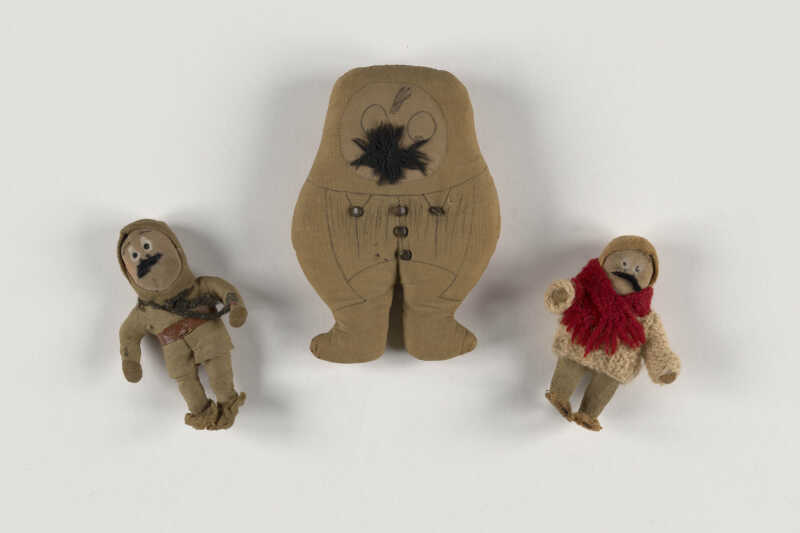 A photograph of hanbdmade dolls of Bairnsfather character Old Bill