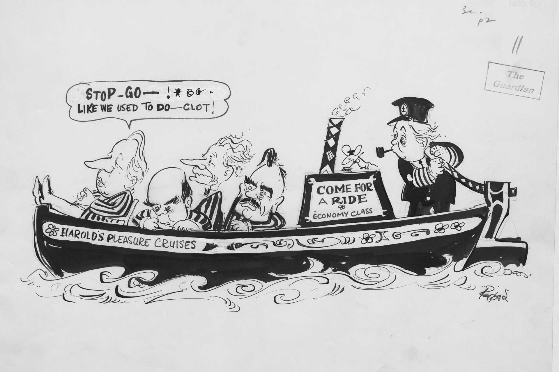 Cartoon by Willima Papas showing Harold Wilson's pleasure cruises. Harold steers the ship, fellow labour MPs sit in the boat