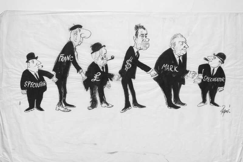 A cartoon by William Papas. Six world leaders stand in a row, each pinching from the one in front of them's pocket.