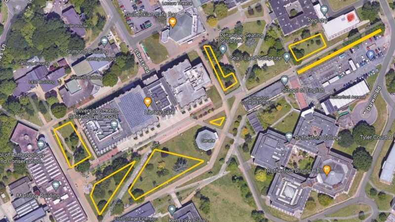 Map fo campus with some central lawns highlighted