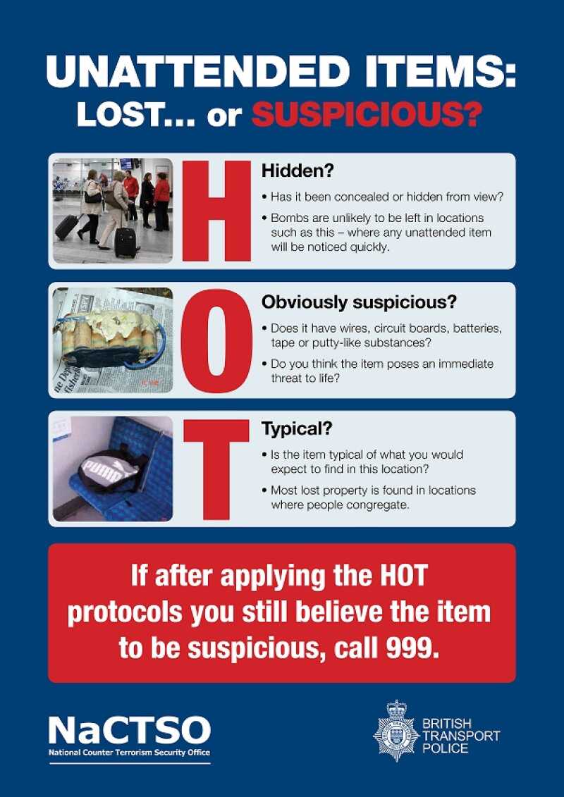 Poster explaining the HOT procedure for dealing with unattended items