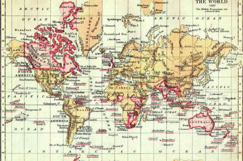 World map dated 1897 with countries of the British Empire marked in red