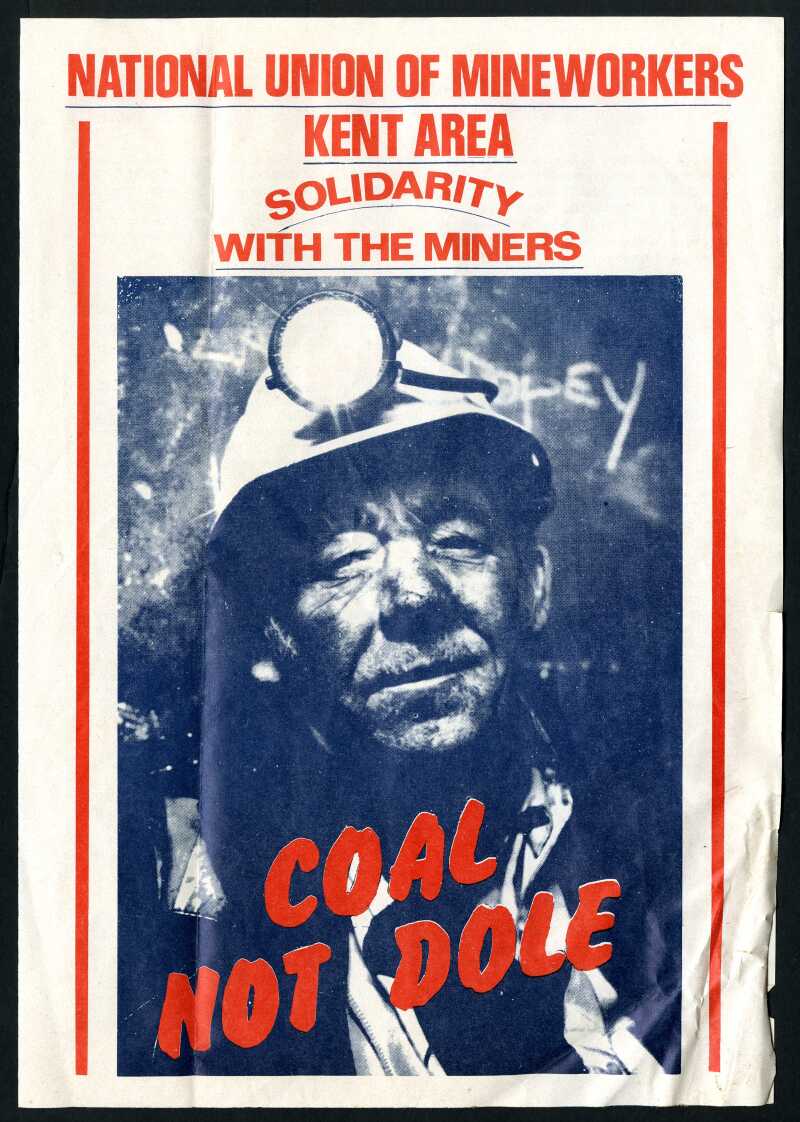 Cover of a bi-fold leaflet featuring a blue-tinted photograph portrait of a miner alongside text in red "coal not dole".