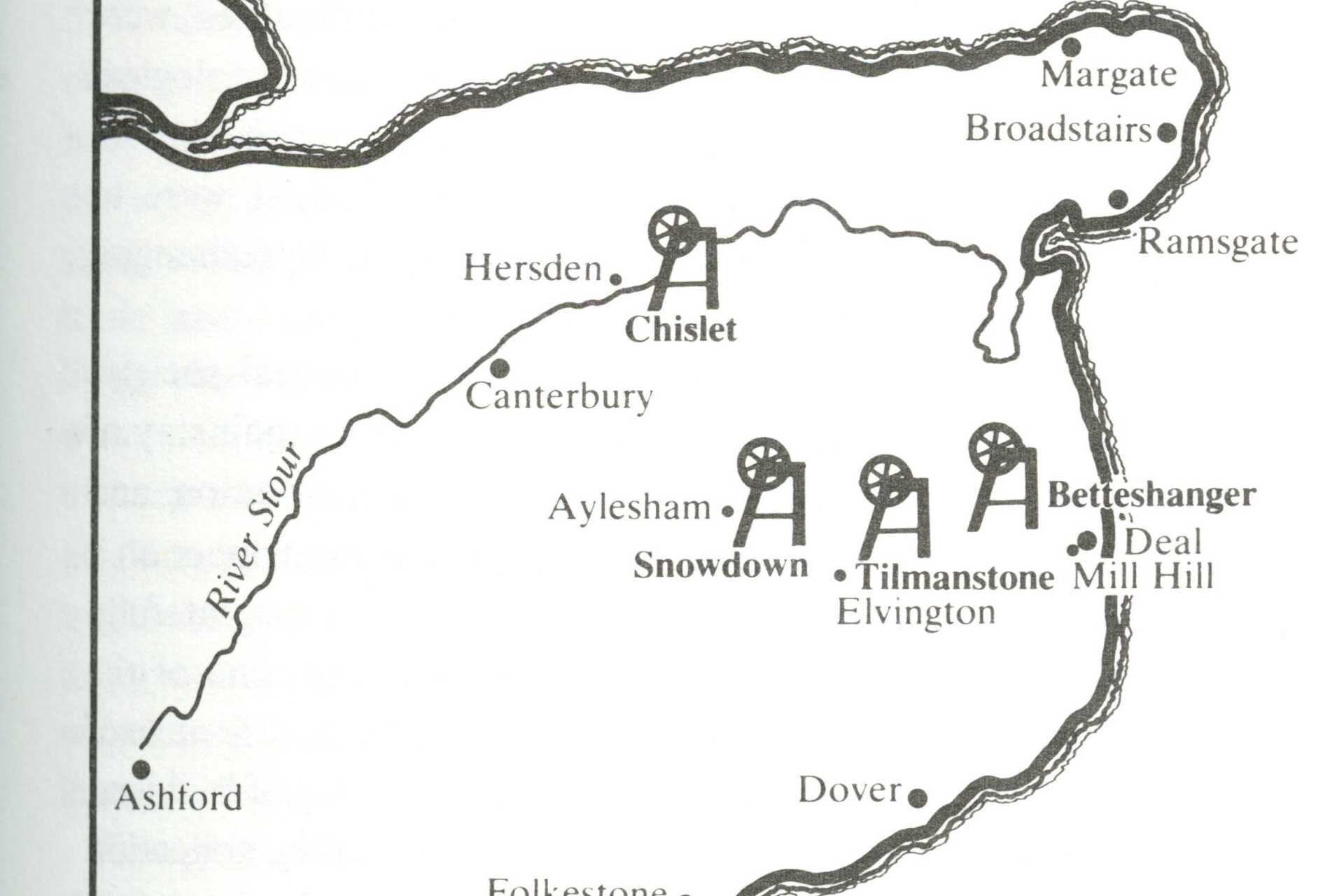 Outline map of Kent with small icons of mineheads to indicate the locations of Chislet, Snowdown, Tilmanstone, Betteshanger