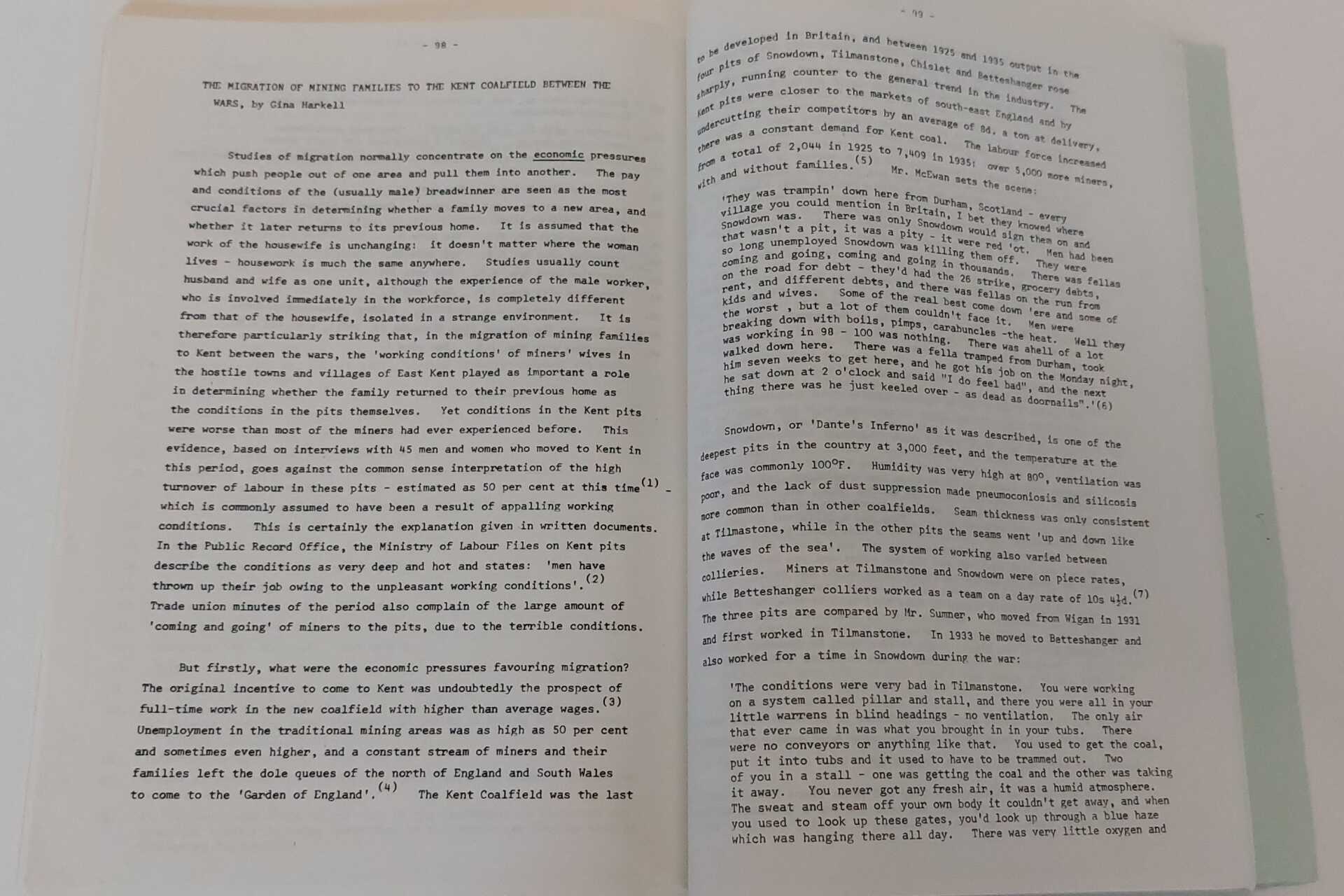 Image of the first pages of an article by Gina Harkell on the Migration of mining families to Kent